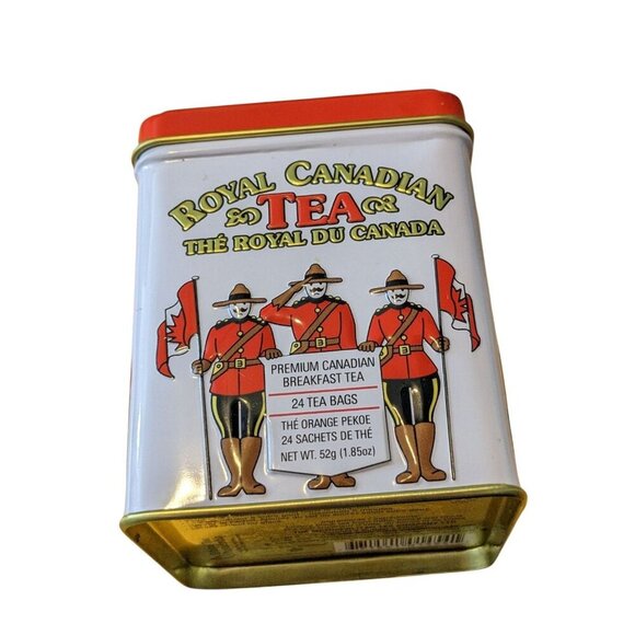Small Royal Canadian Tea Tin EMPTY Mounties RCMP White Red Hinged Lid - Picture 2 of 6